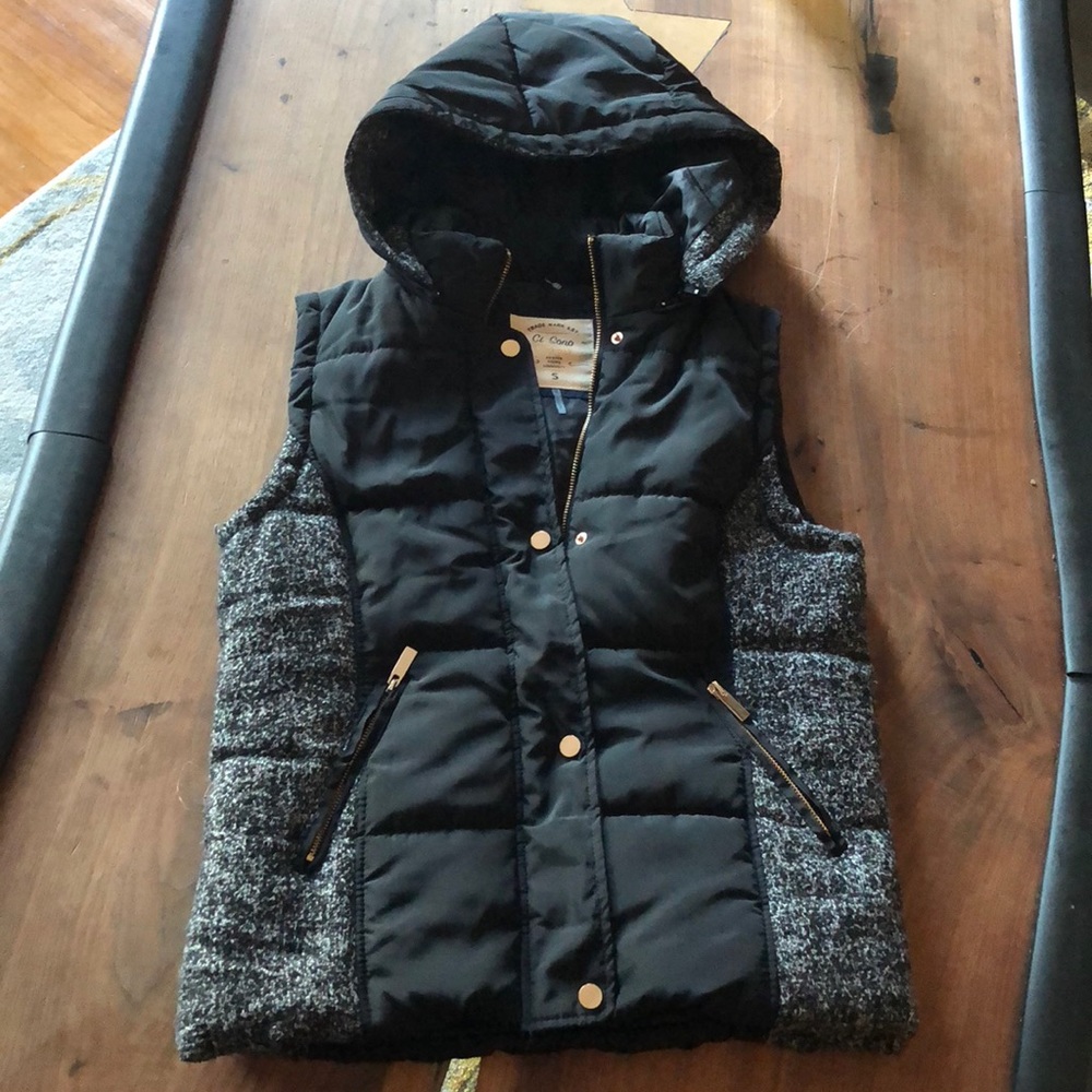 Houndstooth and Black Puffer Vest